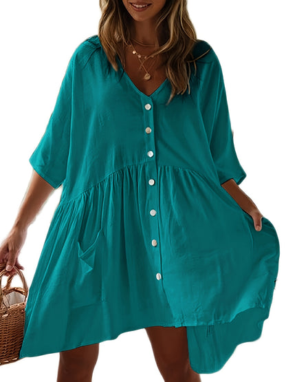 Chic Solid Color Loose-Fitting Dress - Versatile Button Front & Pockets - Perfect Half Sleeve Vacation Wear Coverup for Beach Days