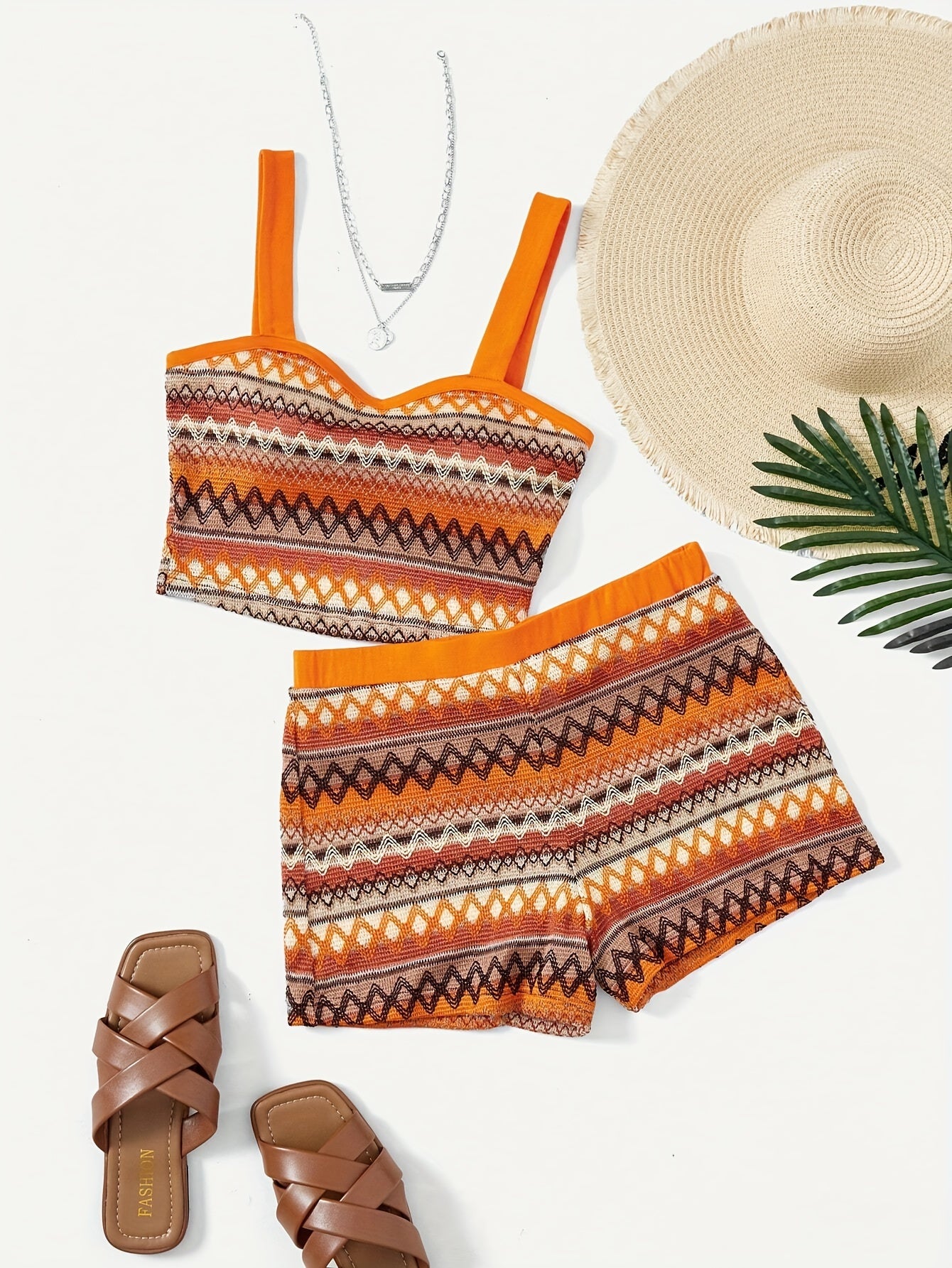 Two-Piece Tribal Print Outfit Set - Vibrant Pattern Crop Top with Adjustable Straps, Comfortable Elastic Waist Shorts - Perfect for Casual Womens Clothing, Daily Wear, Outdoor Activities