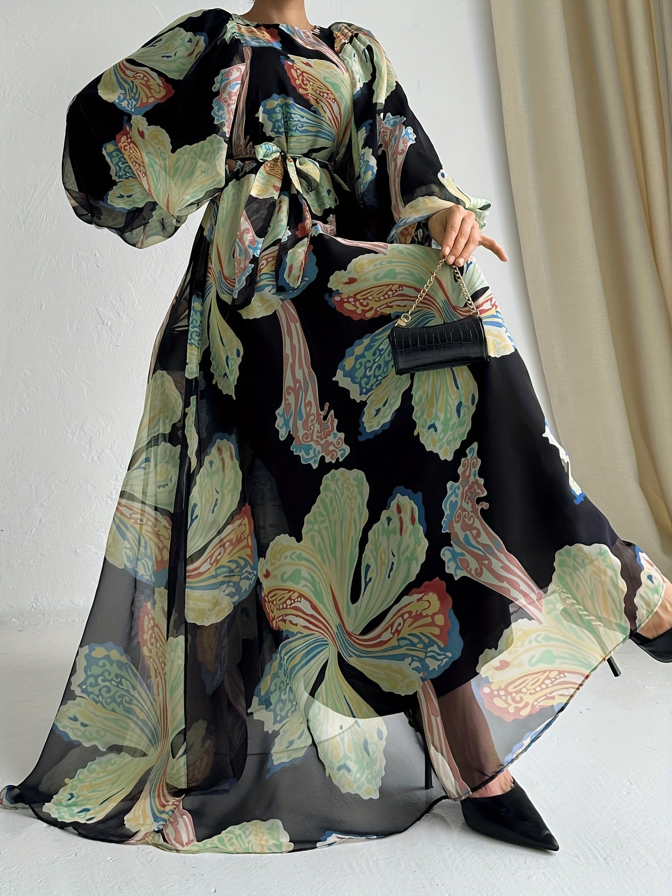 Floral Print Crew Neck Abayas Dress, Elegant Long Sleeve Maxi Length Dress, Women's Clothing