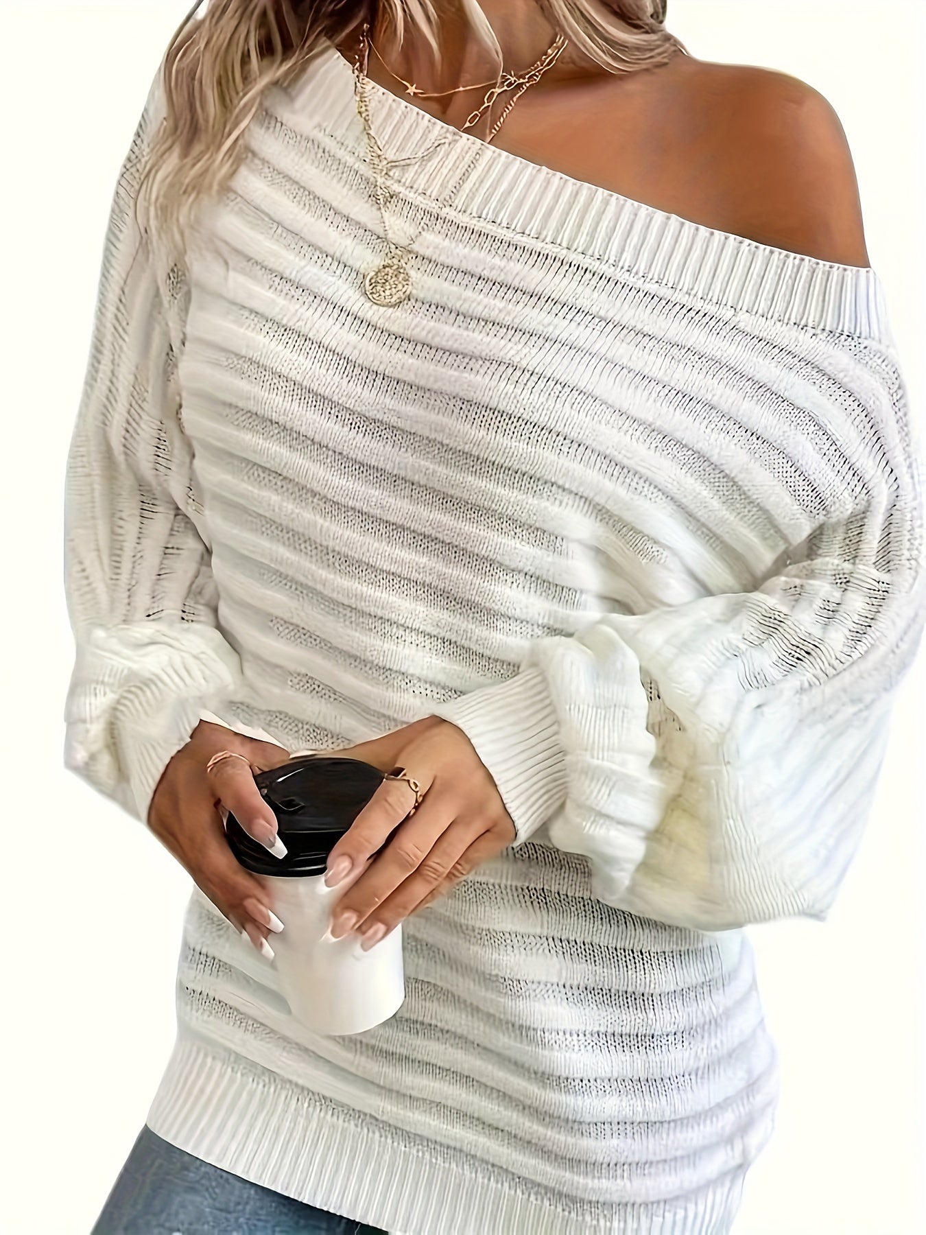 Slant Shoulder Solid Color Sweater, Elegant Lantern Sleeve Loose Knitted Top For Spring & Fall, Women's Clothing