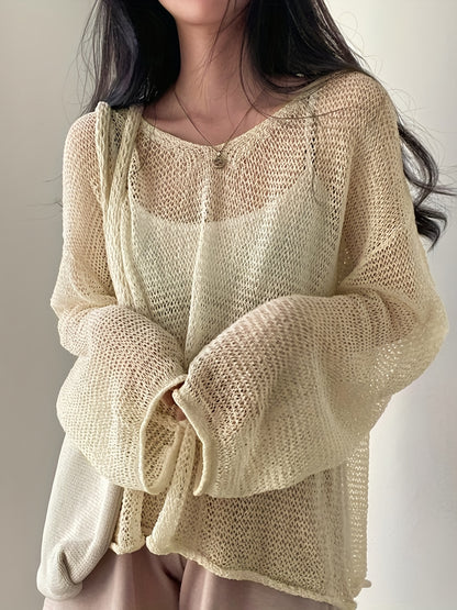 Cozy Solid Knitted Pullover Top - Soft Crew Neck, Long Sleeve, Casual Crochet Coverup, Relaxed Fit, Women's Everyday Wear, Perfect for Fall and Winter