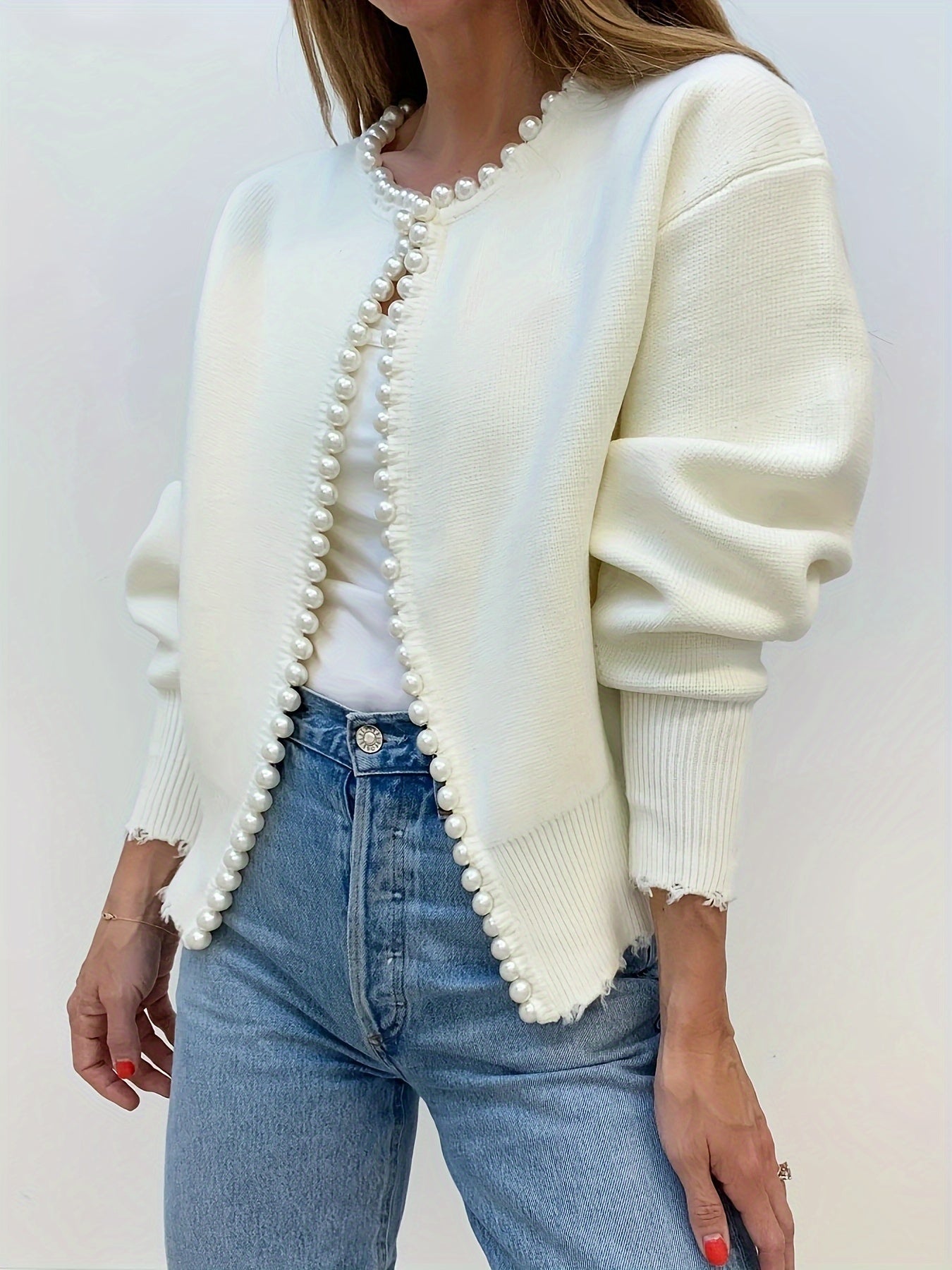 Elegant Rib Knit Beaded Open Front Cardigan - Long Sleeve, Solid Color, Soft, Cozy, and Chic - Perfect for Women's Daily Wear, Dating, and Party Occasions