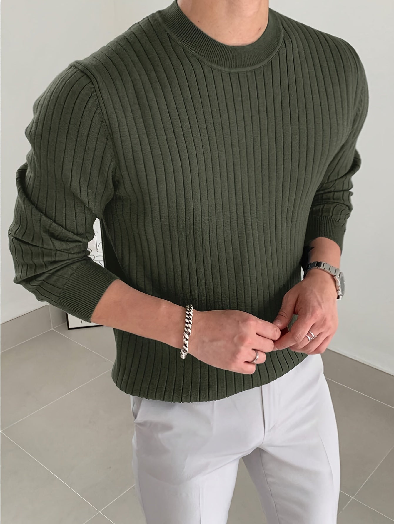 Men's Fashion Casual Crew Neck Long Sleeve Knit Sweater, Regular Fit Ribbed Pullover Tops For Spring And Fall