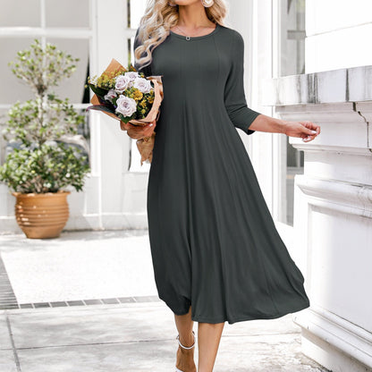 Vibrant Solid Color Crew Neck Midi Dress - Comfortable 3/4 Sleeve Loose Fit, Flattering A-Line Silhouette, Perfect for Spring & Summer, Women's Casual Clothing, Easy to Wear and Move Around