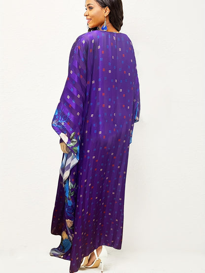 Ramadan Elegant Crew Neck Batwing Sleeve Maxi Kaftan Dress - All Over Print, Semi-Sheer, Polyester, No Elasticity, Hand Wash Only - Perfect for Middle East Style, Womens Clothing