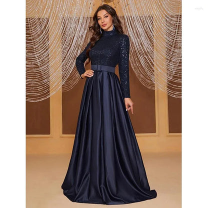 Casual Dresses Spring Autumn Fashion Elegant Women Long Sleeve Blue Sequined Cocktail Formal Occasion Evening Party Maxi Ladies