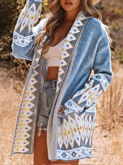 Trendy Aztec Print Cardigan Sweater - Soft Knit, Vintage Open Front, Long Sleeved Style - Perfect Womens Clothing for Chic Winter Looks