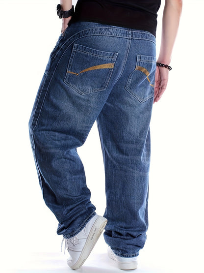 Plus Size Mens Hip Hop Jeans - Relaxed Fit, Embroidered, Long, Non-Stretch, Cotton Blend, Solid Color, Straight Leg, Casual Street Dance Skateboarding Pants for All Seasons