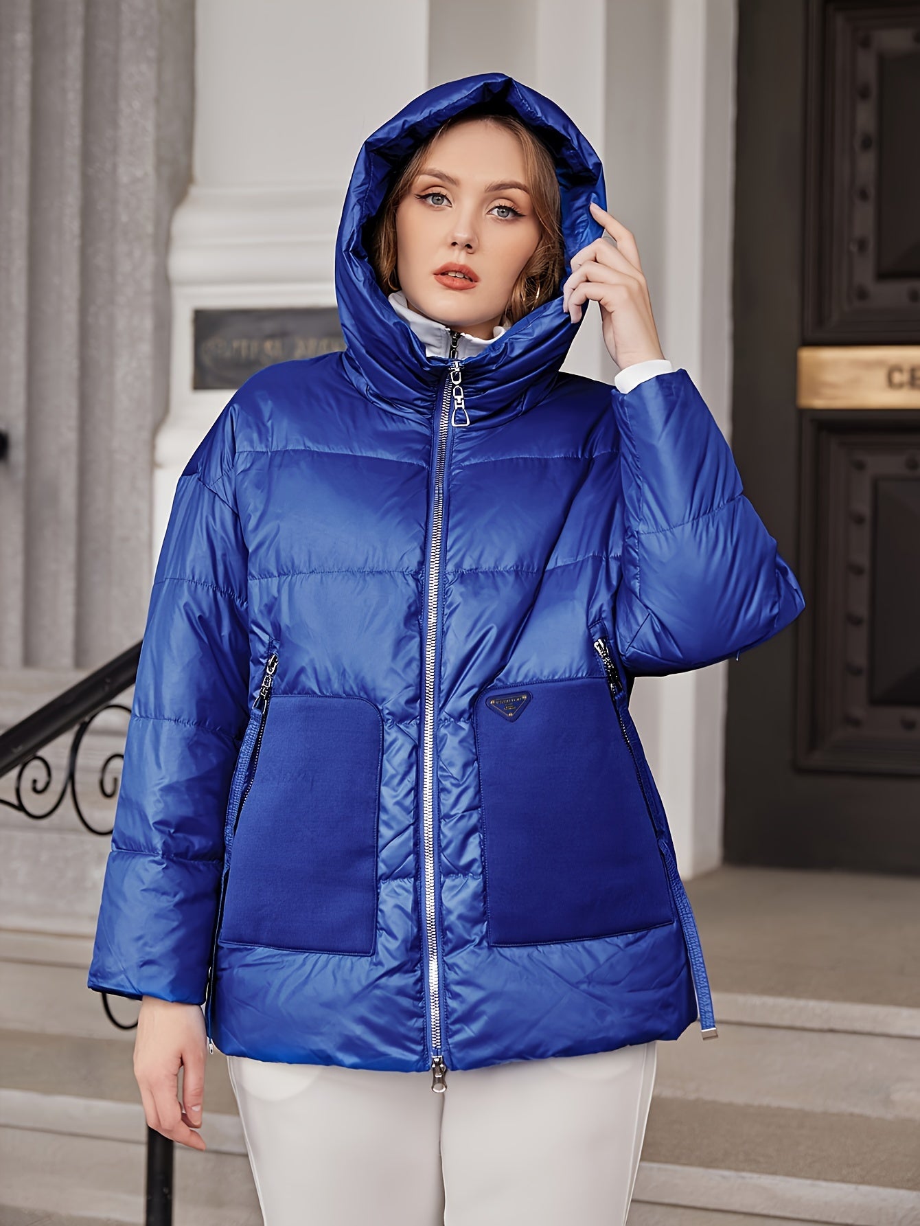 Plus Size Casual Coat, Women's Plus Solid Stitching Quilted Long Sleeve Zip Up Hooded Puffer Coat With Pockets