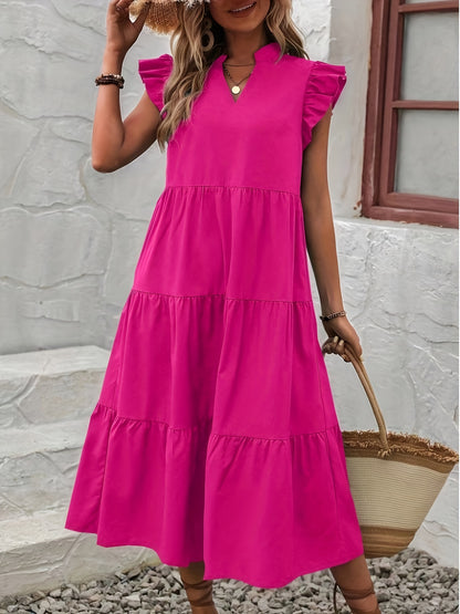 Long Elegant V-Neck Ruffle Sleeve Pendulum Dress - Flared, Solid Color, Polyester, Non-Elastic, Woven, Perfect for Spring and Summer - Womens Classic Elegant Dressing for Adult