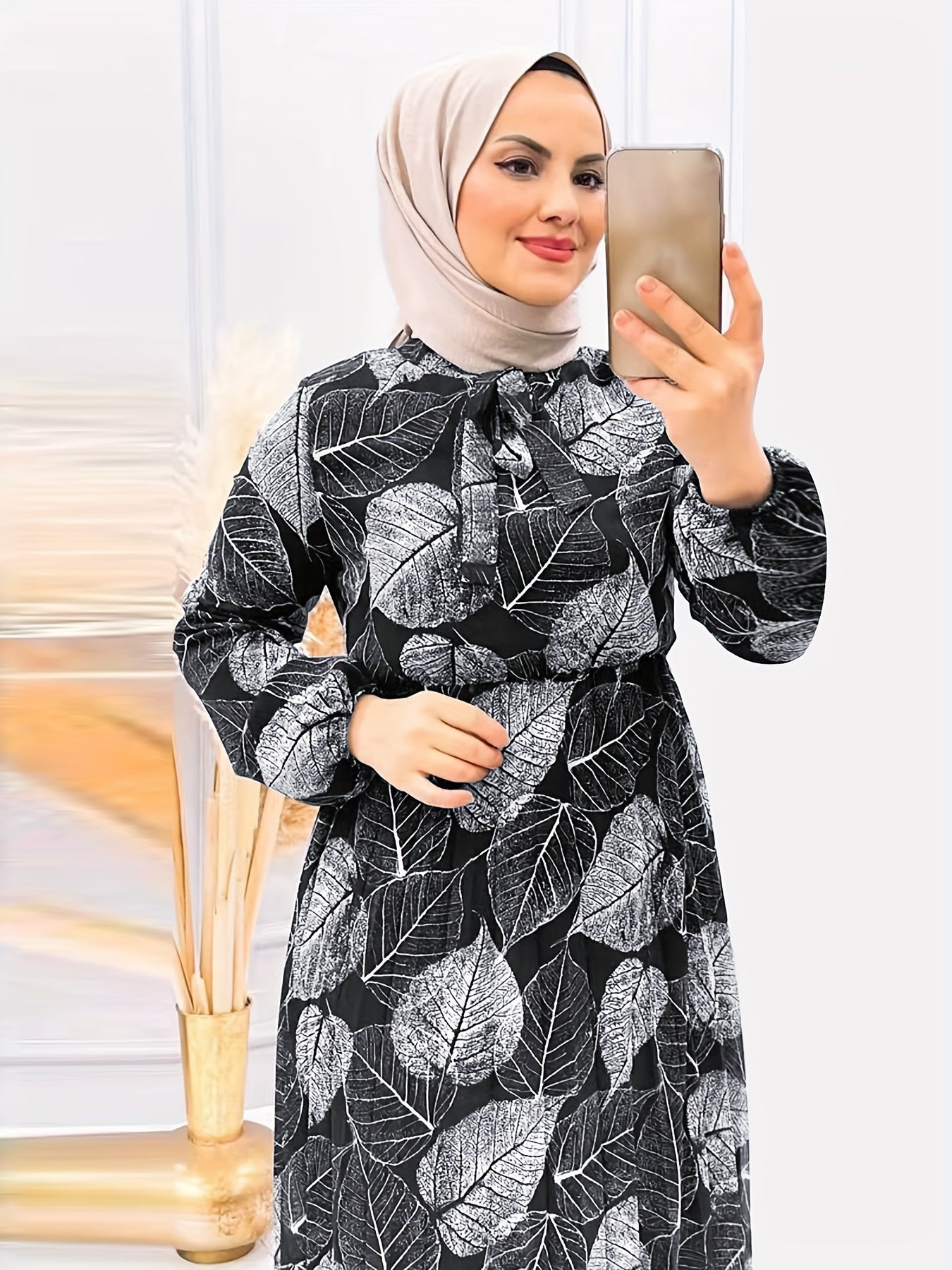 Stylish Plant Print Ramadan Modest Dress - Flowy & Comfortable Loose Fit Long Sleeve Abayas Style - Perfect Casual Wear for Women - Ramadan Collection