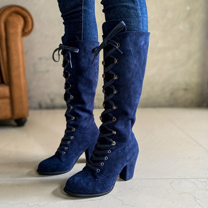 Women's Heeled Knee High Boots, Solid Color Lace Up Chunky Heeled Boots, Versatile Comfy Long Boots