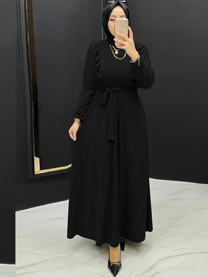 Chic Ruffle Solid Color Abaya Dress - Timeless Crew Neck, Full-Sleeve Maxi Style - Premium Modest Womens Fashion