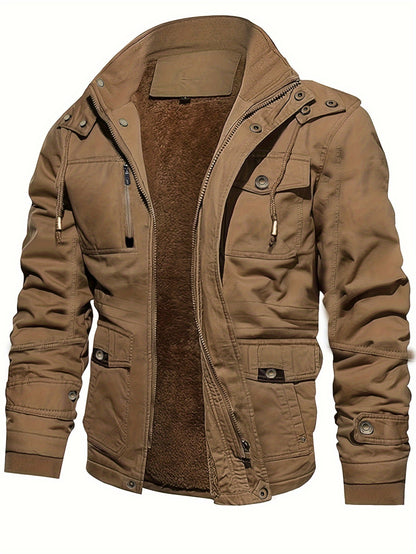 Mens Fashionable Fleece-Lined Cargo Jacket - Stylish & Warm with Multiple Pockets for Fall/Winter Outfits