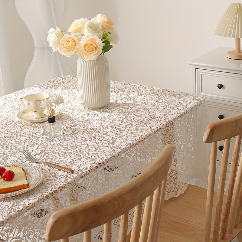 1pc Exquisite Shabby Chic White Floral Lace Tablecloth - Elegant Dining Tablecloths with Handmade Knitted Crocheted Design, Vintage-Inspired Table Topper for Special Occasions and Everyday Use