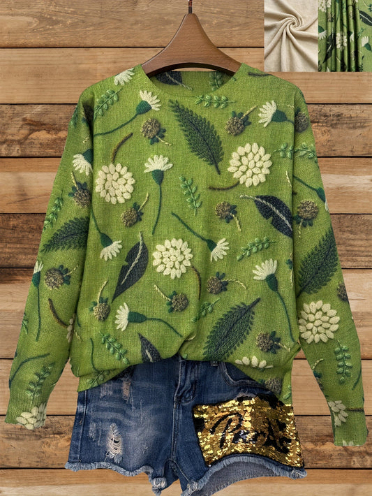 Chic Dandelion Print Thin Sweater - Soft, Breathable, Crew Neck, Long Sleeve, Casual Wear for Spring & Fall - Women's Clothing, Perfect for Outdoor Activities