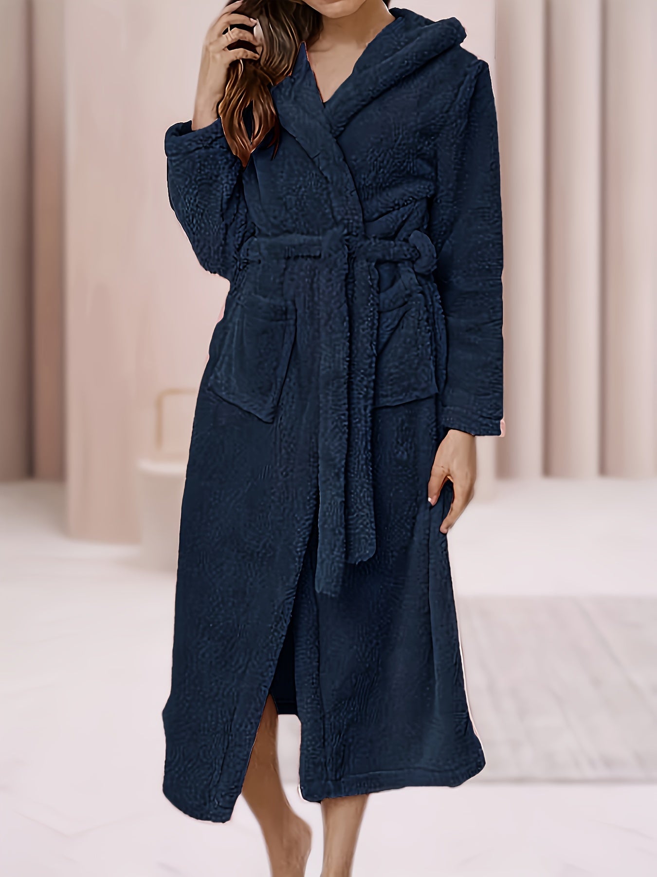 Women's Solid Fleece Night Robe - Thickened, Long Sleeve, Hooded, Pockets, Soft, Cozy, Fall & Winter Sleepwear & Dresses