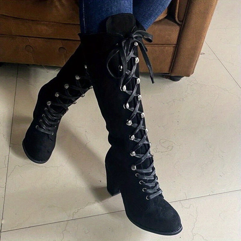 Women's Heeled Knee High Boots, Solid Color Lace Up Chunky Heeled Boots, Versatile Comfy Long Boots