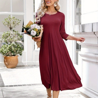 Vibrant Solid Color Crew Neck Midi Dress - Comfortable 3/4 Sleeve Loose Fit, Flattering A-Line Silhouette, Perfect for Spring & Summer, Women's Casual Clothing, Easy to Wear and Move Around