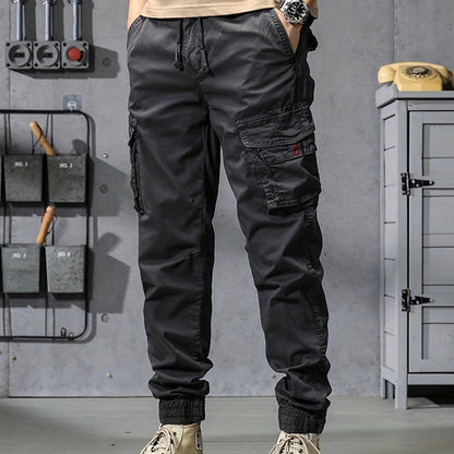 Mens Cropped Cotton Blend Cargo Pants - Elastic Waist, Multi Flap Pockets, Slight Stretch, Loose Fit, Weekend Casual, Solid Color, Hip Hop Style - Perfect for Outdoor Activities and Streetwear