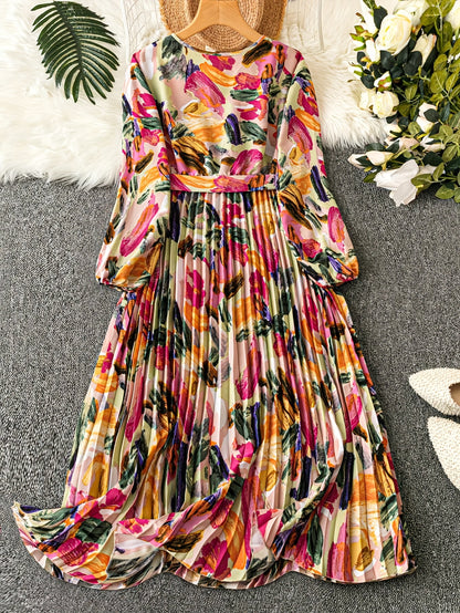 Vibrant Floral Print Belted Pleated Aline Dress - Elegant Long Sleeve V-Neck Design, Flowy Silhouette, Comfortable Wear for Spring & Fall, Women's Clothing for Various Occasions