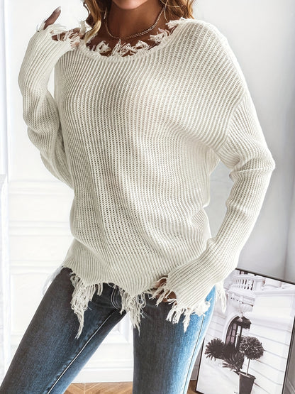 Cozy Distressed Crew Neck Batwing Sweater - Soft Ribbed Low Back, Long Sleeve, Fall & Winter Essential - Women's Fashion Clothing for Casual Style