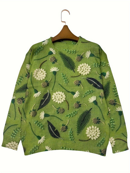 Chic Dandelion Print Thin Sweater - Soft, Breathable, Crew Neck, Long Sleeve, Casual Wear for Spring & Fall - Women's Clothing, Perfect for Outdoor Activities