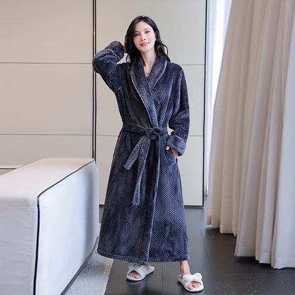 1pc Plush Women's Flannel Bathrobe - Soft, Thick, and Long Sleeve Loungewear for Autumn and Winter - Cozy Bathroom Supplies for Home Relaxation