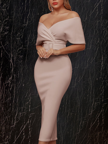 Stunning Off-the-Shoulder Solid Color Slim Fit Midi Dress - Elegant Backless, Belted Waist, Flattering Silhouette, Women's Formal Clothing for Bridesmaids and Evening Occasions