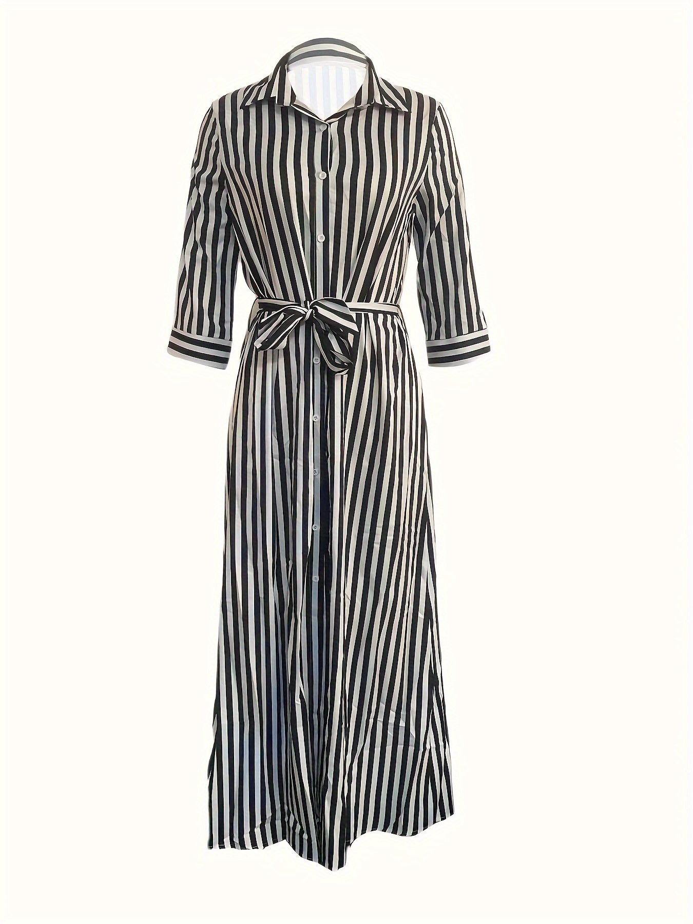 Chic Striped Long Sleeve Belted Maxi Shirt Dress - Elegant, Comfortable, and Versatile for Spring & Fall Seasons - Women's Clothing for Everyday Wear