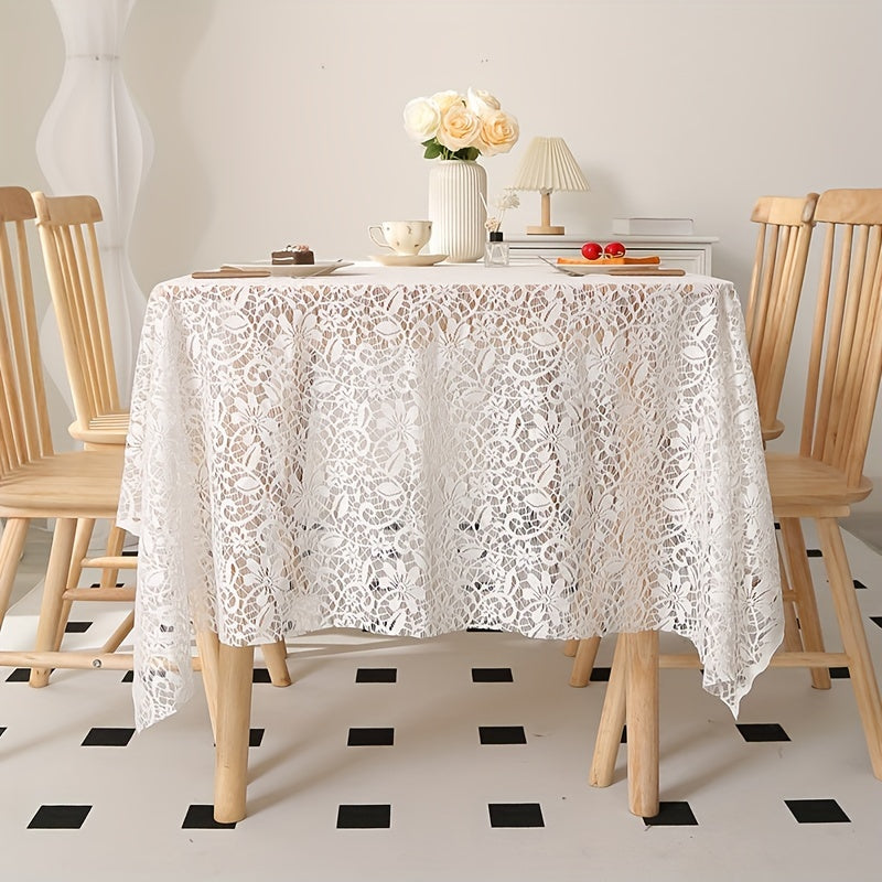 1pc Exquisite Shabby Chic White Floral Lace Tablecloth - Elegant Dining Tablecloths with Handmade Knitted Crocheted Design, Vintage-Inspired Table Topper for Special Occasions and Everyday Use