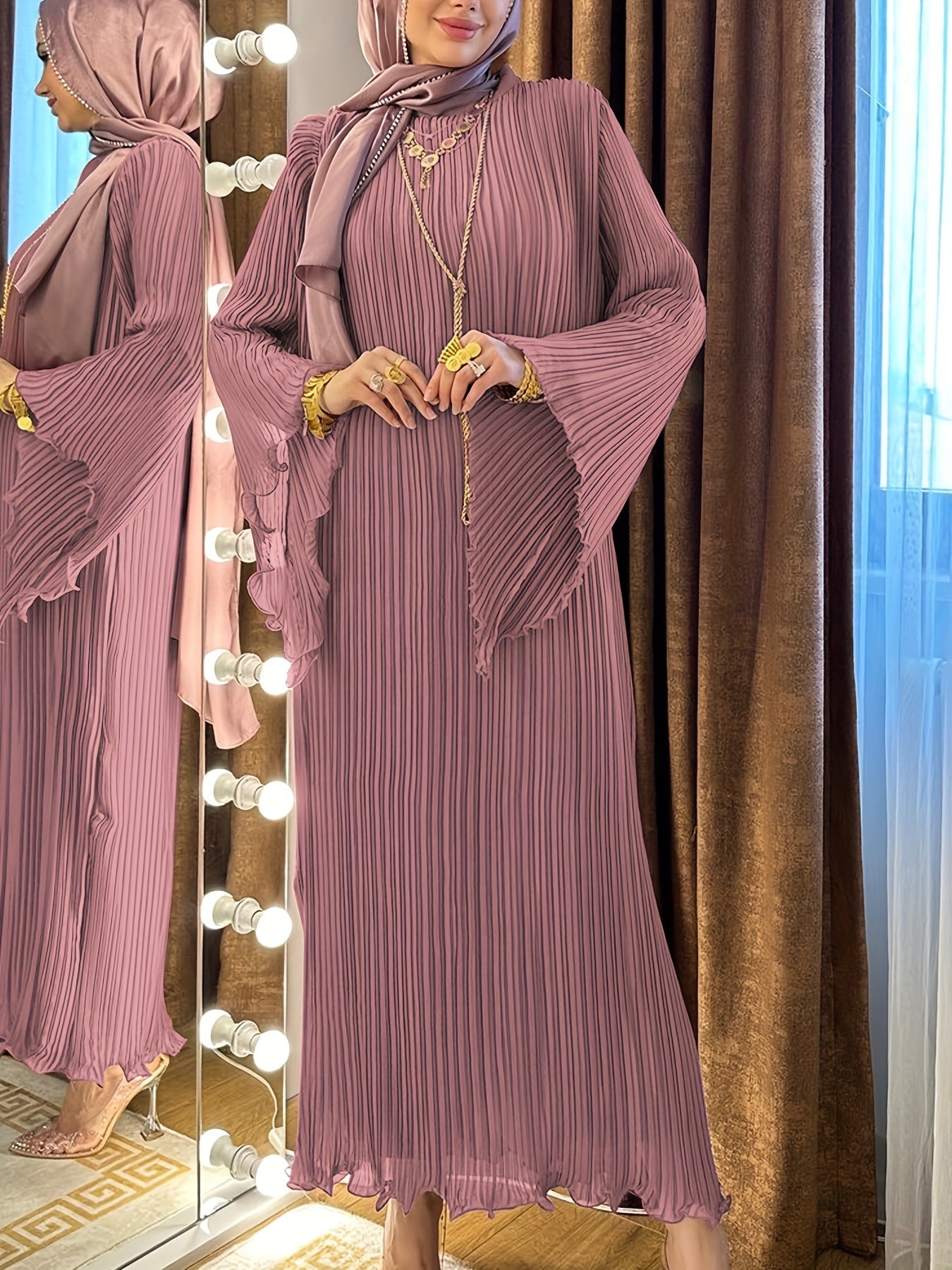 Stunning Pleated Flare Long Sleeve Abaya Dress - Elegant Lettuce Trim, Maxi Length, Flowy, Modest, Comfortable, Women's Islamic Clothing for Special Occasions - Perfect for Wedding, Party, and Daily Wear