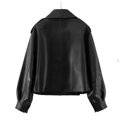 eybag barn jacket outfits Women's Loose Short Lapel PU Leather Jacket 2024 Autumn New Korean Style Motorcycle Leather Jacket