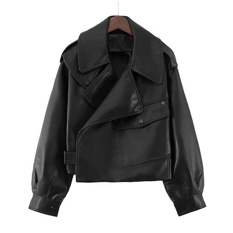 eybag barn jacket outfits Women's Loose Short Lapel PU Leather Jacket 2024 Autumn New Korean Style Motorcycle Leather Jacket