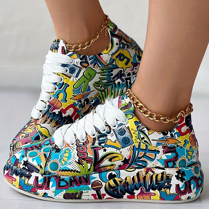 Women's Graffiti Print Sports Shoes, Fashion Lace Up Low Top Platform Sneakers, Casual Skate Shoes