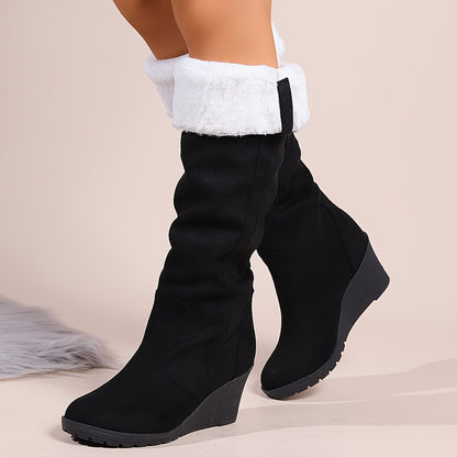 Stylish Winter Comfort: Women's Thermal Knee-High Suedette Boots with Faux Fur, Comfy Platform Heel & Easy Slip-On