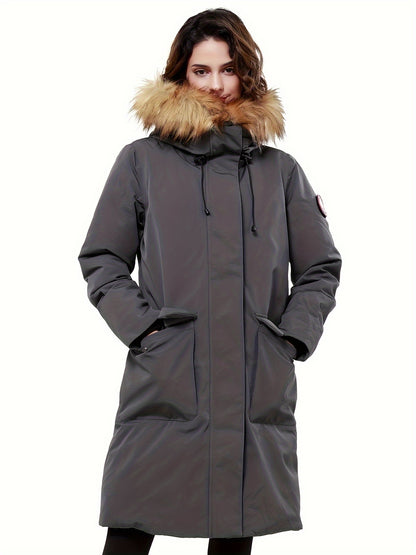 Women's Mid-length Down Parka Jacket, Windproof Insulated Thermal Winter Hooded Coat With Pocket