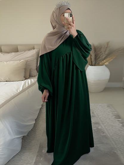 Stunning Ruffle Hem Maxi Dress - Elegant Lantern Sleeves, Modest Loose Fit, Solid Color, Women's Clothing for Everyday Elegance