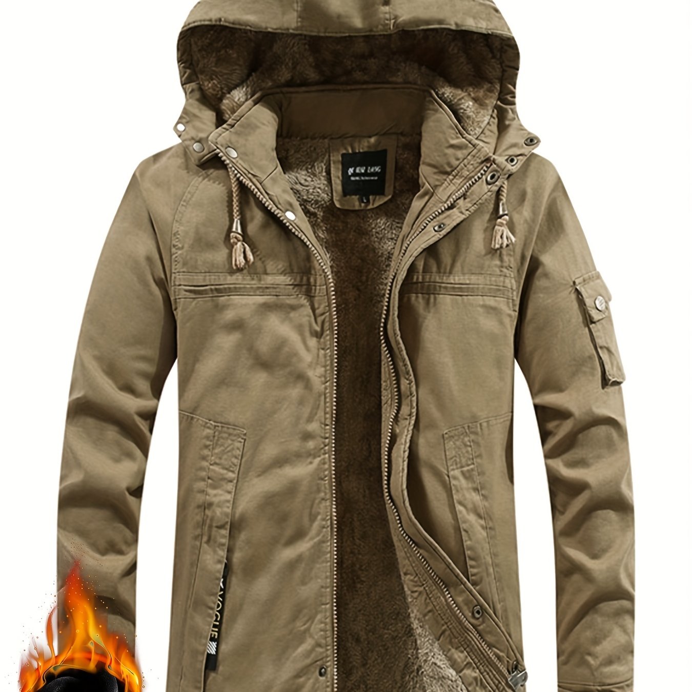 Men's Winter Hooded Jacket With Removable Hood And Fleece Lining - Warm Thickened Outdoor Work Jacket With Pockets