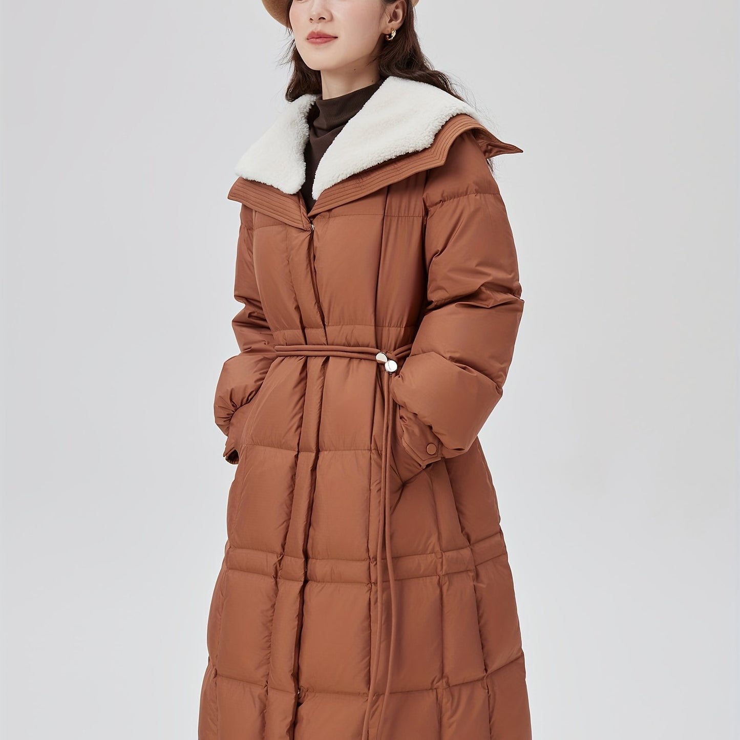 Solid Mid Length Down Coat, Elegant Waterfall Collar Long Sleeve Warm Outerwear, Women's Clothing