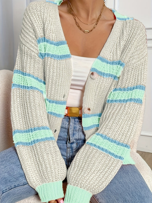 Stylish Color Block Button Down Knit Cardigan - Women's Casual Long Sleeve V Neck Sweater for Spring & Fall - Soft, Cozy, and Versatile Cardigans with Relaxed Fit