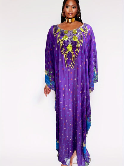 Ramadan Elegant Crew Neck Batwing Sleeve Maxi Kaftan Dress - All Over Print, Semi-Sheer, Polyester, No Elasticity, Hand Wash Only - Perfect for Middle East Style, Womens Clothing