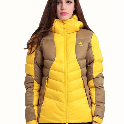 Womens Stylish Two-Tone Long Down Jacket - Insulated Warm Puffy Coat with Hood - Quilted Zipper Front Comfortable Outwear for Winter