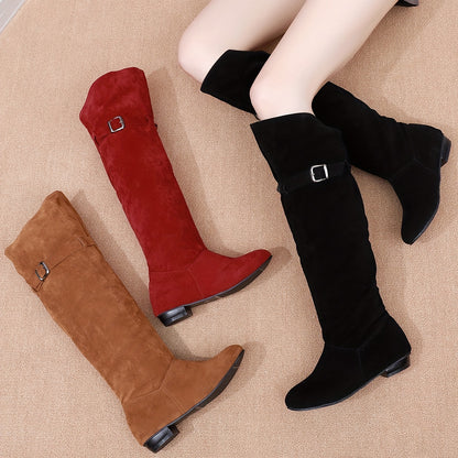 Stylish Comfort Stretch Knee High Boots - Knee-High, Solid Color, Buckle Strap, Low Heeled, Long, Pull-On, Soft, Breathable, and Comfortable Boots for Women