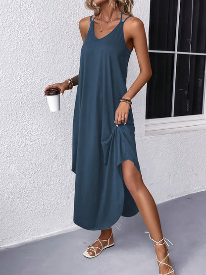 Vibrant Solid V-Neck Cami Dress - Elegant Sleeveless Spaghetti Strap Design, Mid-Elastic Polyester Fabric, Perfect for Spring and Summer - Womens Versatile and Comfortable Clothing for Everyday Wear