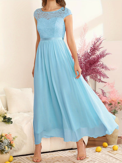 Solid Lace Aline Bridesmaid Dress, Elegant Chiffon Dress For Wedding Party, Women's Clothing