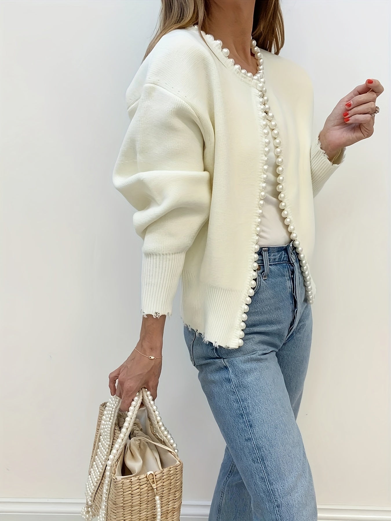 Elegant Rib Knit Beaded Open Front Cardigan - Long Sleeve, Solid Color, Soft, Cozy, and Chic - Perfect for Women's Daily Wear, Dating, and Party Occasions