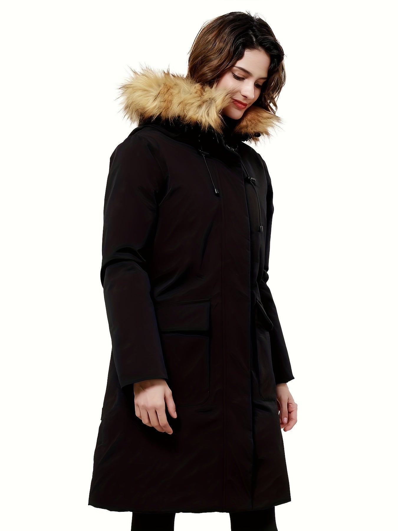 Women's Mid-length Down Parka Jacket, Windproof Insulated Thermal Winter Hooded Coat With Pocket