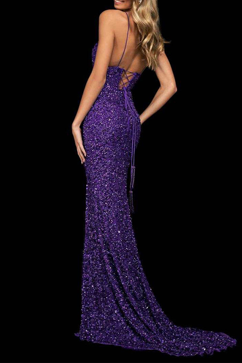 Sexy Formal Solid Sequins Backless Slit V Neck Evening Dress Dresses