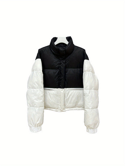 Color Block Puffer Jacket, Winter Warm Long Sleeve Coat For Outdoor Sports, Women's Clothing